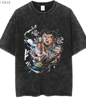 Anime cartoon wash distressed men short sleeved t-shirt high street dark man