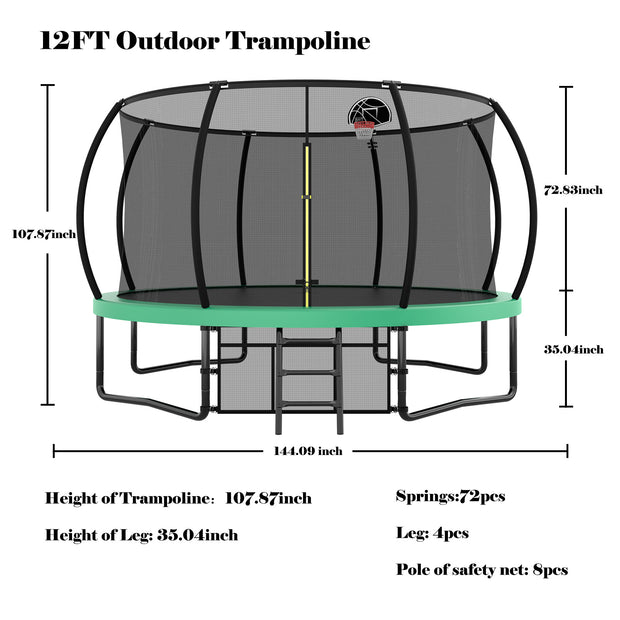 12FT Recreational Kids Trampoline with Safety Enclosure Net