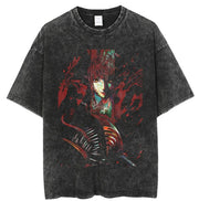 Anime cartoon wash distressed men short sleeved t-shirt high street dark man