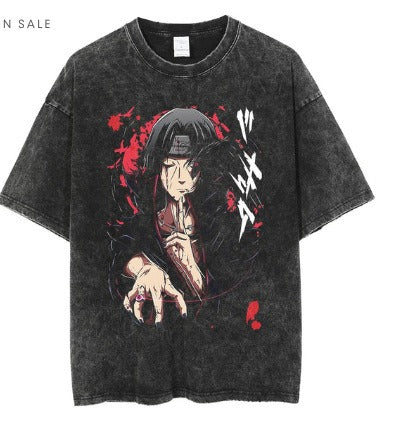 Anime cartoon wash distressed men short sleeved t-shirt high street dark man