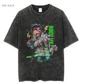 Anime cartoon wash distressed men short sleeved t-shirt high street dark man