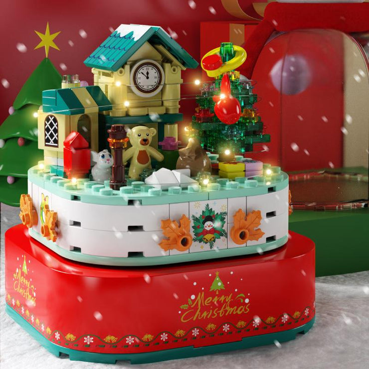 Christmas Gift Snowman Rotating Music Box DIY Music Light House Assembly Building Blocks Toy Gift