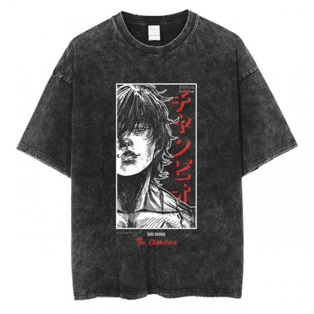 Anime cartoon wash distressed men short sleeved t-shirt high street dark man