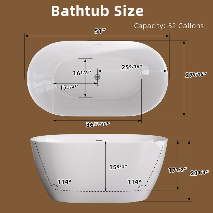 51 Inch Acrylic Freestanding Bathtub Contemporary Soaking White Tub with Overflow and Pop-up Drain Glossy White