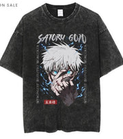 Anime cartoon wash distressed men short sleeved t-shirt high street dark man