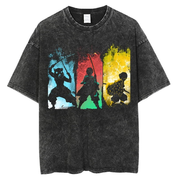 Anime cartoon wash distressed men short sleeved t-shirt high street dark man