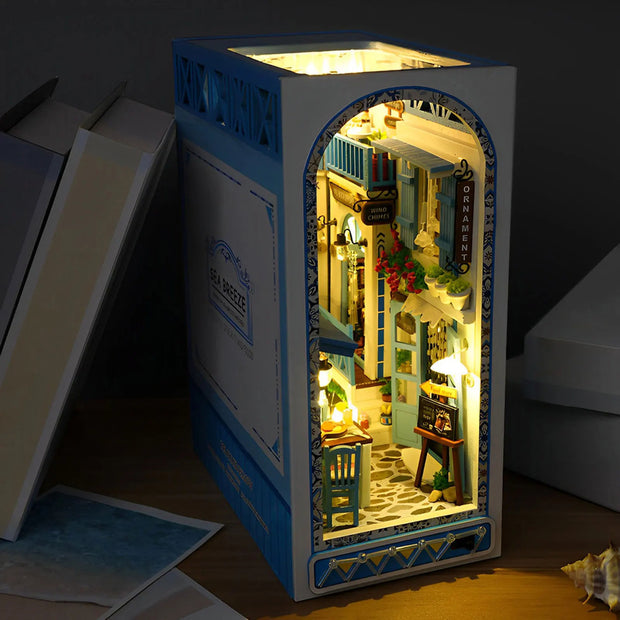 DIY Book Nook Kit 3D Wooden Puzzle Bookshelf Insert Decor with Warm Light DIY Miniature Dollhouse Model Building Kits for Kids